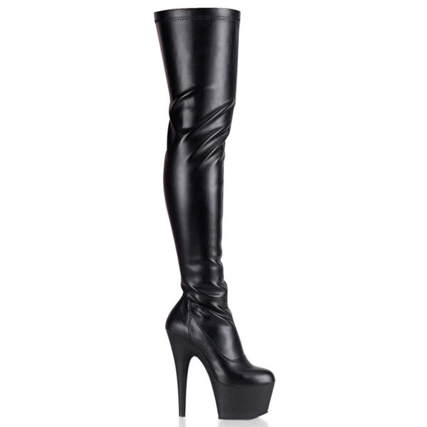 7" Heel, 2 3/4" PF Thigh High Boots Blk Str Faux Leather/Blk Matte ADO3000/B/PU