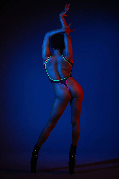 GLOW in the Dark Sexy Choker Harness Bodysuit Lingerie💋Open Back Neon  Babydoll