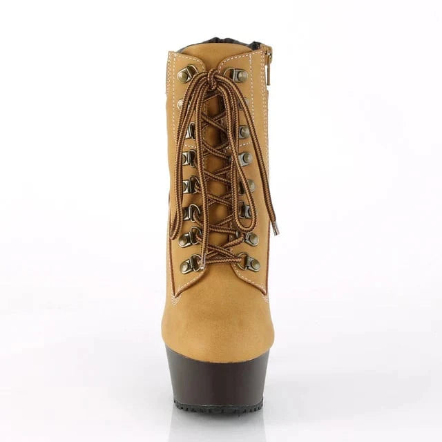 Pleaser Shoes Delight 600TL-02 Tan Nubuck Faux Leather/Dark Brown