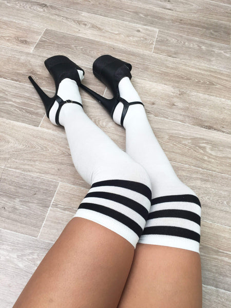 Lunalae Accessories Thigh High White Socks Black Stripe