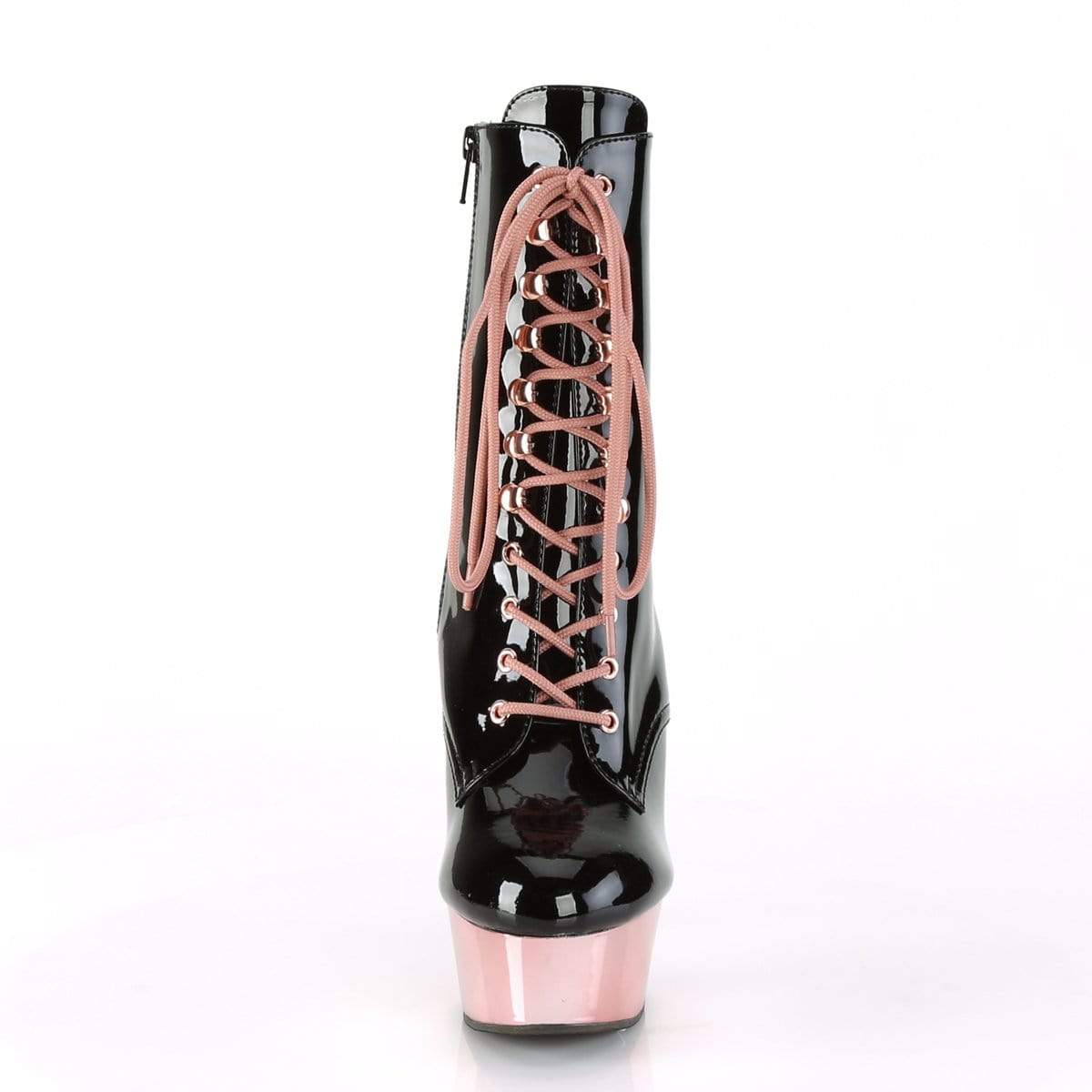 6" Heel, 1 3/4" PF Ankle/Mid-Calf Boots Blk Pat/Rose Gold Chrome DEL1020/B/ROGLDCH
