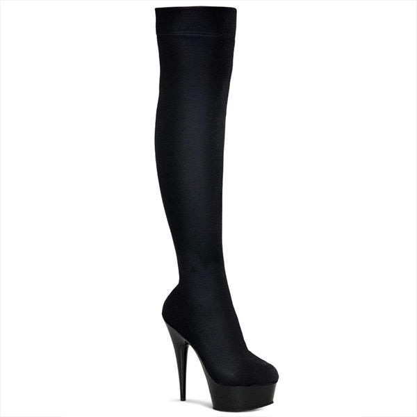 6" Heel, 1 3/4" PF Thigh High Boots Blk Str Velvet/Blk DEL3002/B/VEL