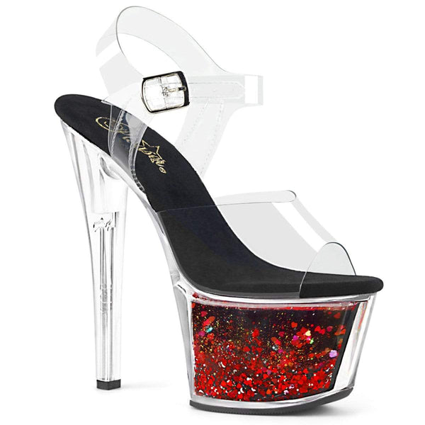 7" Heel, 2 3/4" PF 7" - 7 1/2" Heel Clr/Blk-Red Glitter SKY308WHG/C/B-RG