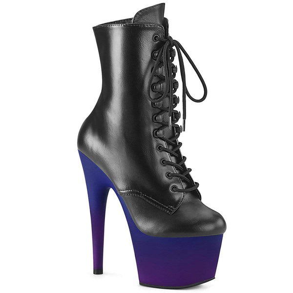 7" Heel, 2 3/4" PF Ankle/Mid-Calf Boots Blk Faux Leather/Blue-Purple Ombre ADO1020BP/BPU/BLU-PP