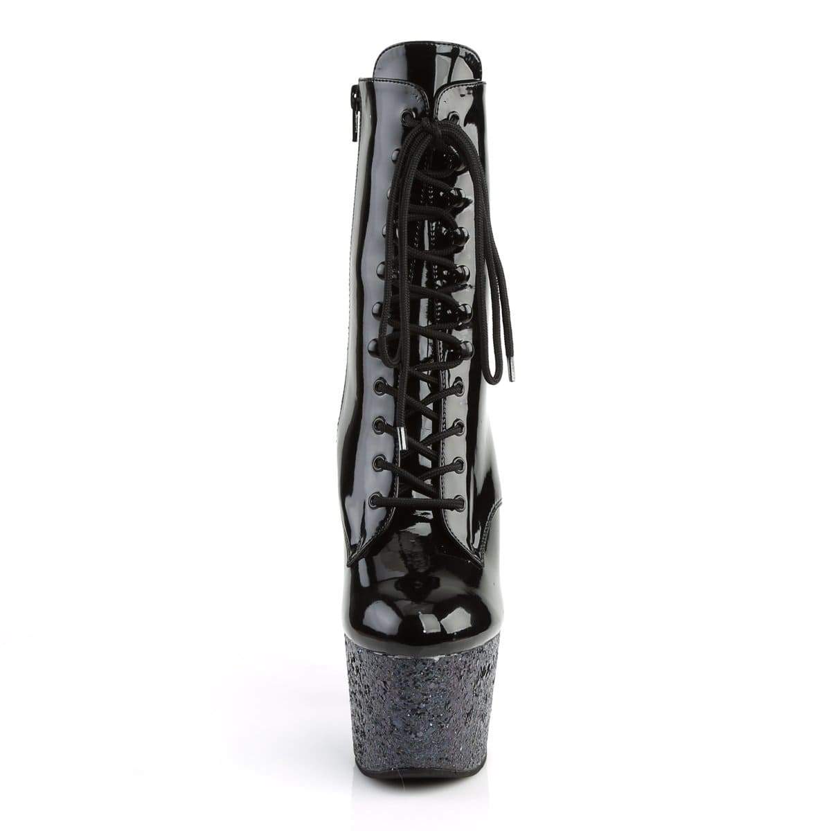 7" Heel, 2 3/4" PF Ankle/Mid-Calf Boots Blk Pat/Blk Multi Glitter ADO1020LG/B/M