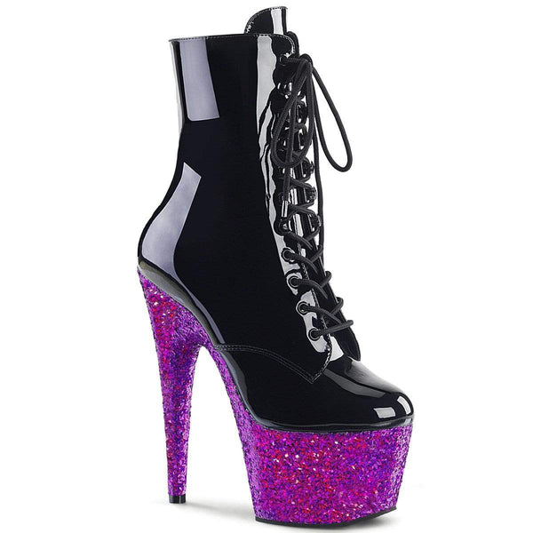 7" Heel, 2 3/4" PF Ankle/Mid-Calf Boots Blk Pat/Purple Multi Glitter ADO1020LG/B/PPG