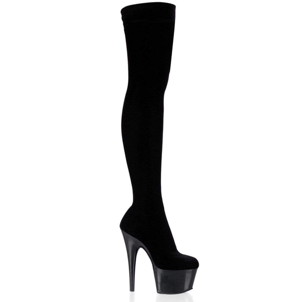 7" Heel, 2 3/4" PF Thigh High Boots Blk Str Velvet/Blk ADO3002/B/VEL