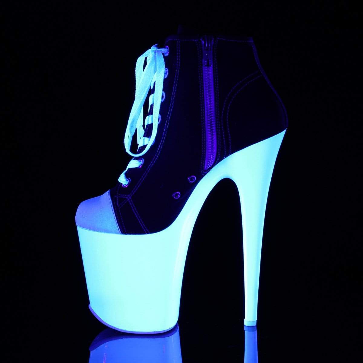 8" Heel, 4" PF Ankle/Mid-Calf Boots Blk Canvas/Neon White FLAM800SK-02/BCA/NW