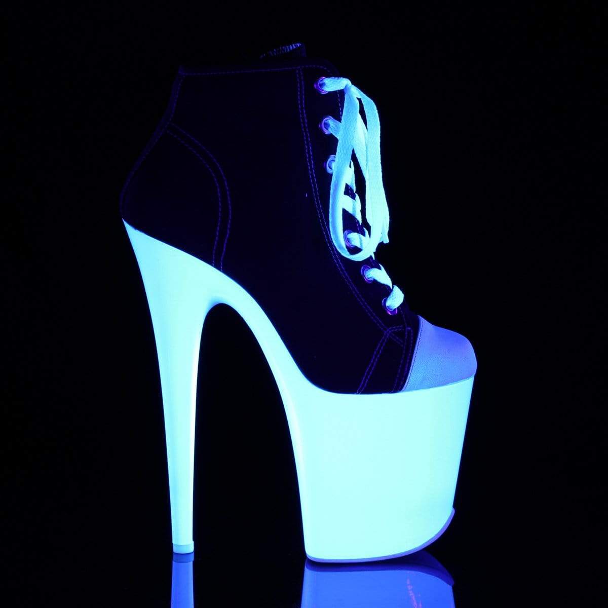 8" Heel, 4" PF Ankle/Mid-Calf Boots Blk Canvas/Neon White FLAM800SK-02/BCA/NW
