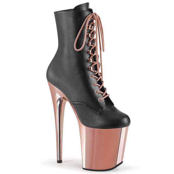 8" Heel, 4" PF Ankle/Mid-Calf Boots Blk Faux Leather/Rose Gold Chrome FLAM1020/BPU/ROGLDCH