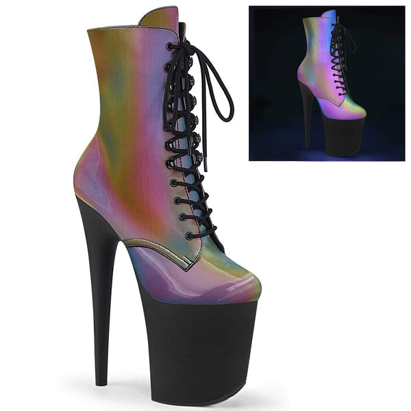 8" Heel, 4" PF Ankle/Mid-Calf Boots Rainbow Reflective/Blk Matte FLAM1020REFL/RBOW/B