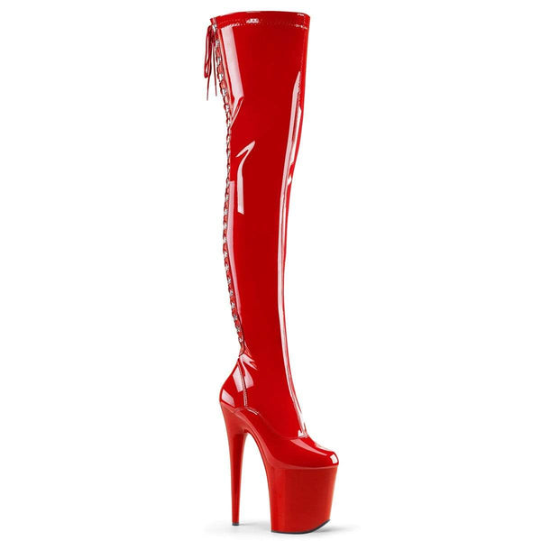 8" Heel, 4" PF Thigh High Boots Red Str Pat/Red FLAM3063/R/M